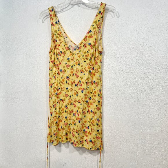 Billabong Sleeveless Mini Dress Yellow Floral V-Neck Tied Waist EUC Womens Large - Picture 5 of 9